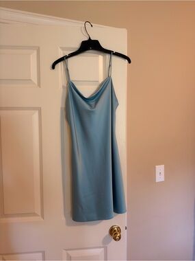 Hemline Blue Satin Cowl Mini Dress